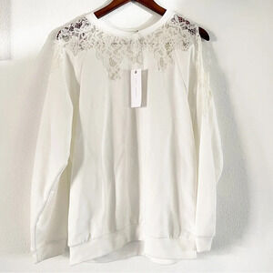 Lace Crewneck Cold Shoulder Sweater Medium Long Sleeve White Spring Fall NWT